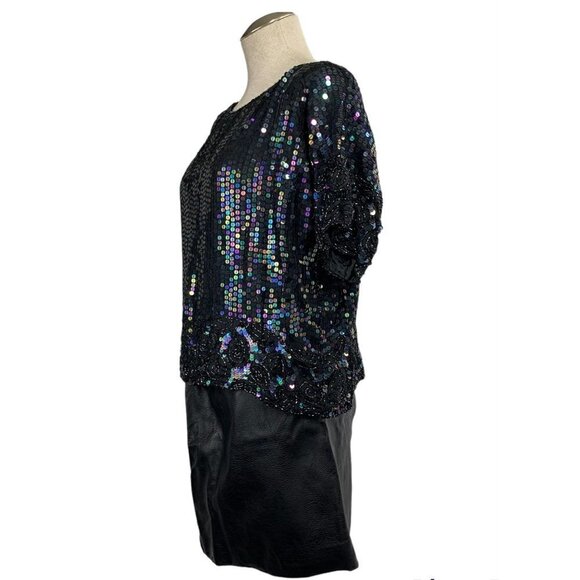 Vintage Sequin Embellished Silk Short Sleeve Blouse - Black, Size Large - Picture 2 of 7